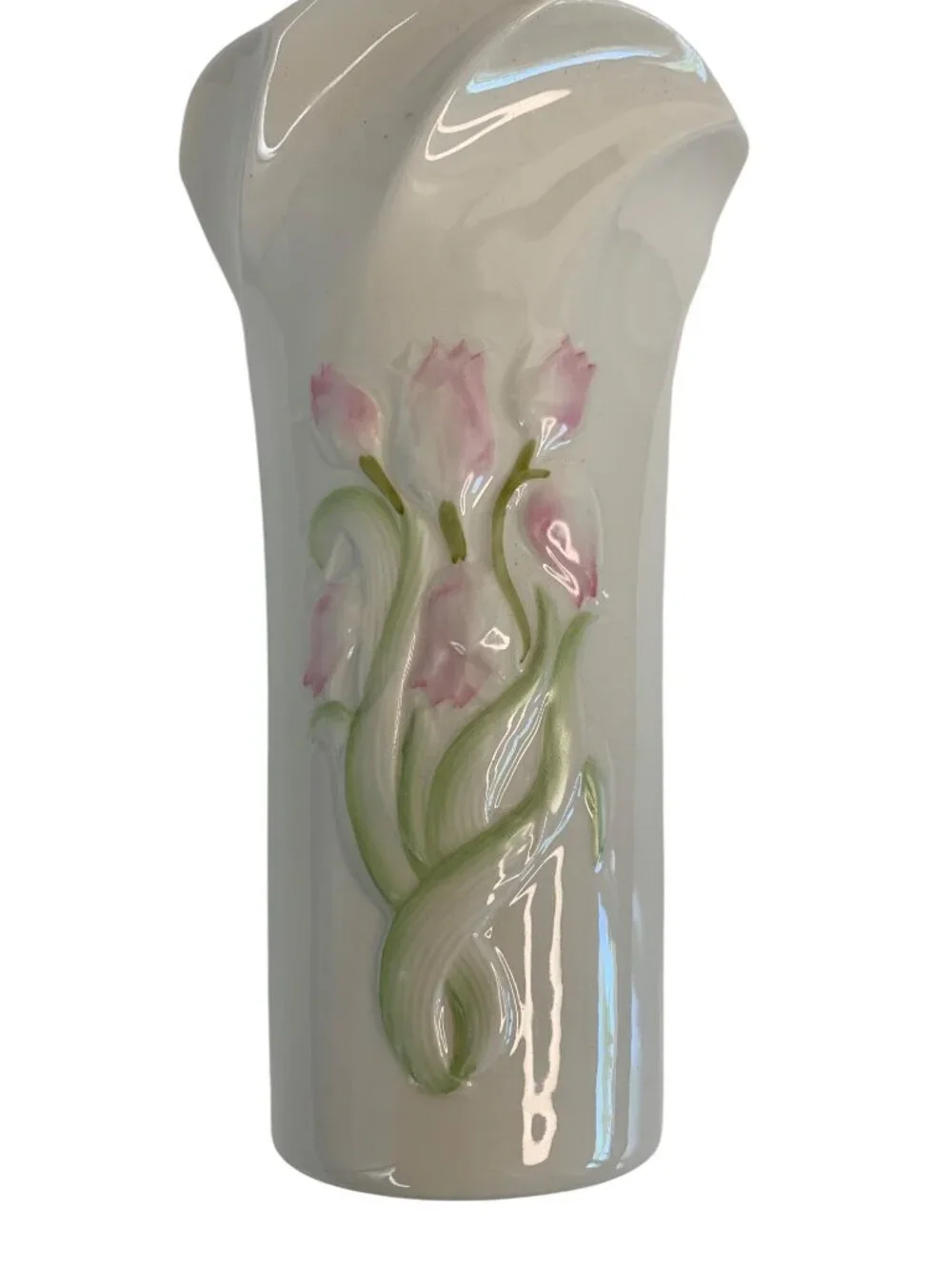 Belleek Ireland 8” Porcelain Floral Vase Pink Tulips Embossed Twisted Rim EUC